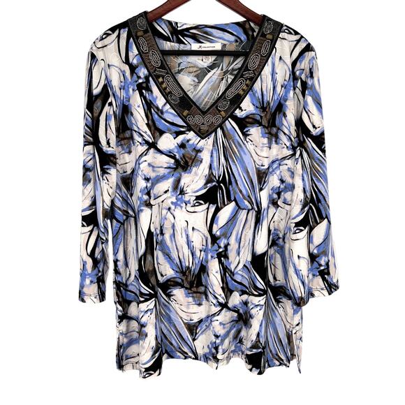 JM Collection Tops - JM Collection Sz XL Beaded Stretchy Blouse Shirt Top Blue Wearable Art Artsy